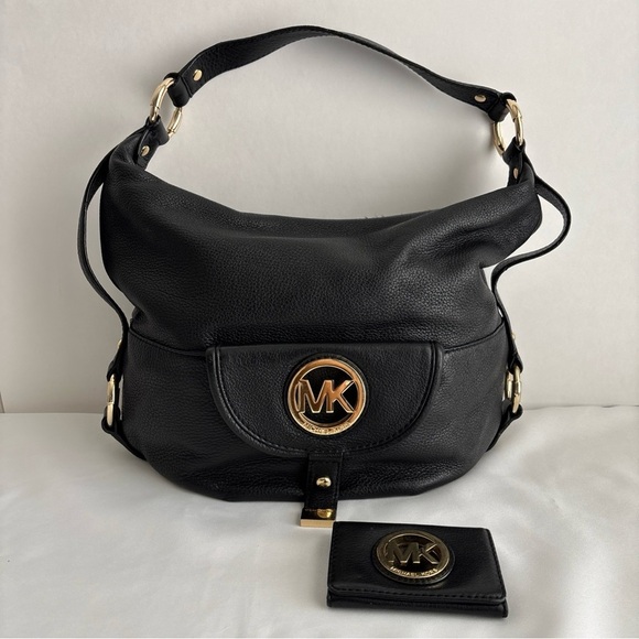 Michael Kors Black Hobo Bag Gold MK Logo & Wallet Set - Picture 1 of 14